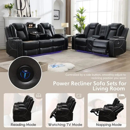 Canapé inclinable électrique avec chargeur sans fil, liseuse pour salon, lumière LED en similicuir, port AC/USB – Sanzelize Design