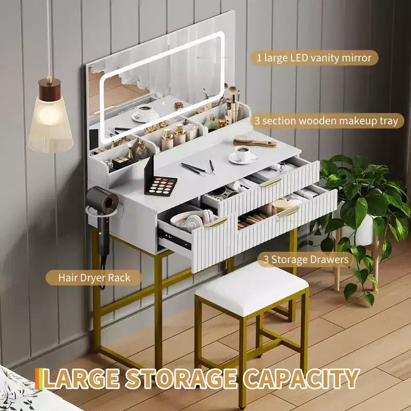 Coiffeuse avec miroir et lumières, miroir lumineux à LED, tiroirs de rangement spacieux pour produits cosmétiques et – Sanzelize Design