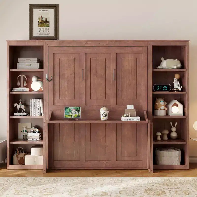 Lit escamotable grand lit/deux places avec bureau et étagère, brun foncé – Sanzelize Design