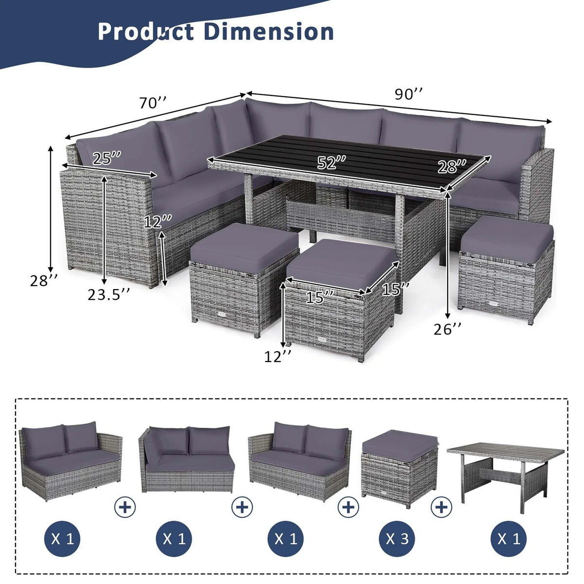 Ensemble de salle à manger 7 pièces en rotin pour terrasse, canapé sectionnel et pouf - Voir détails – Sanzelize Design