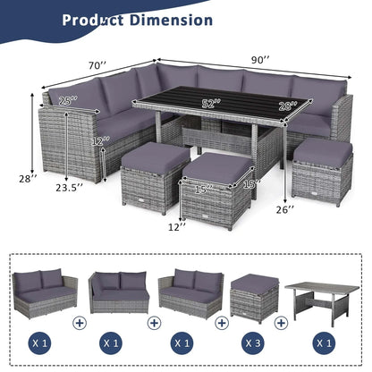 Ensemble de salle à manger 7 pièces en rotin pour terrasse, canapé sectionnel et pouf - Voir détails – Sanzelize Design