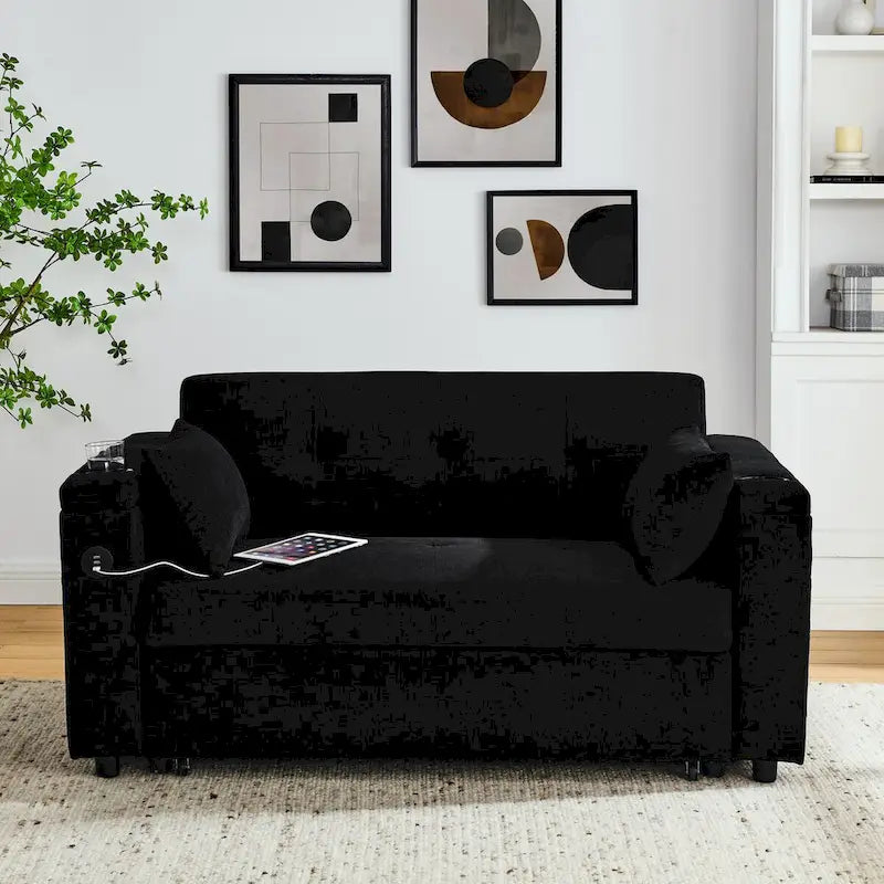 Canapé-lit gigogne 137 cm, canapé-lit inclinable 2 places avec rangement, oreiller lombaire, prise USB – Sanzelize Design