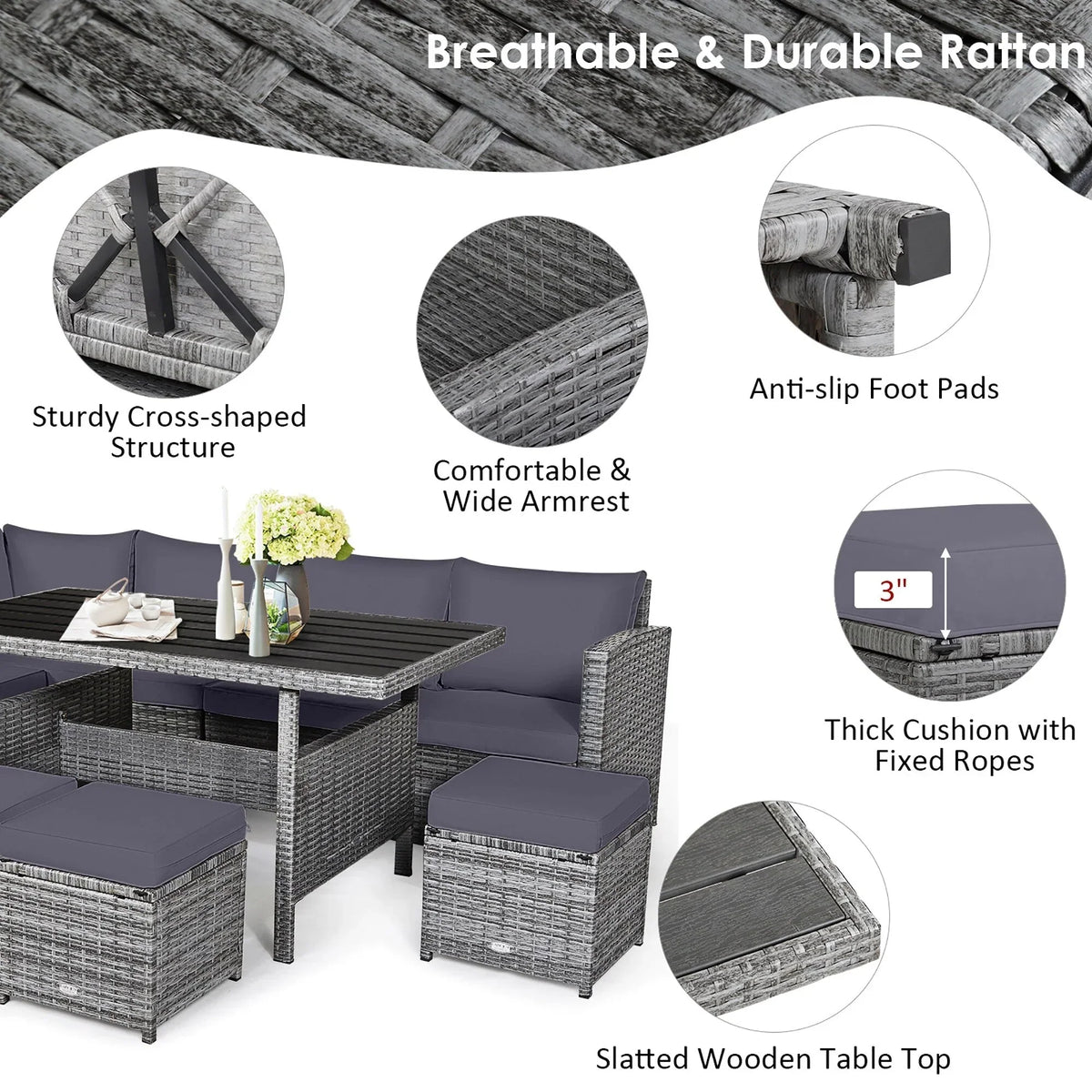 Ensemble de salle à manger 7 pièces en rotin pour terrasse, canapé sectionnel et pouf - Voir détails – Sanzelize Design