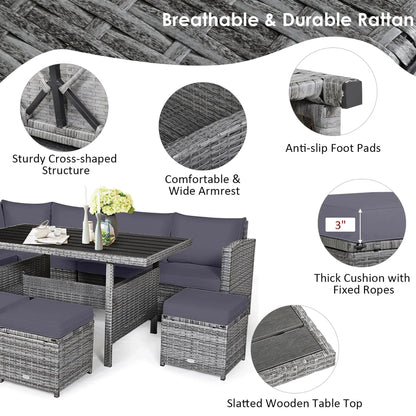 Ensemble de salle à manger 7 pièces en rotin pour terrasse, canapé sectionnel et pouf - Voir détails – Sanzelize Design
