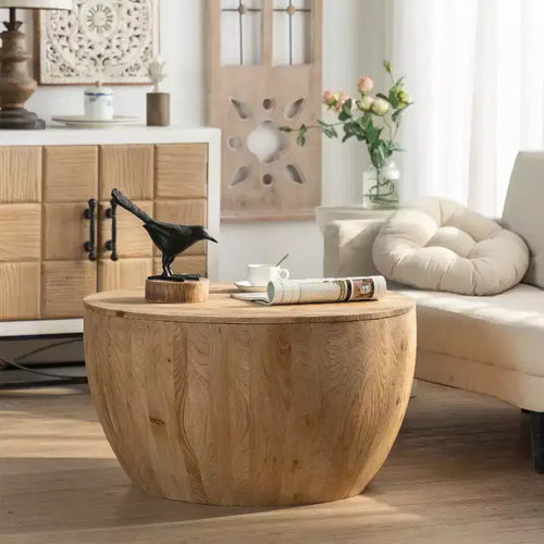 Table basse de rangement ronde et rétro en bois, adaptée au salon, à la salle à manger ou au bureau. – Sanzelize Design