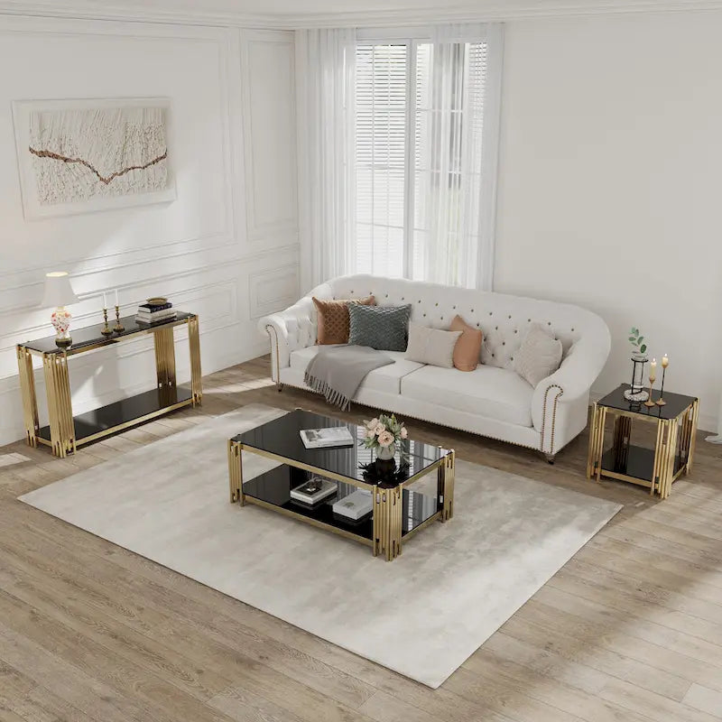 Console étroite à 2 niveaux avec structure en métal doré et plateau en verre trempé – Sanzelize Design