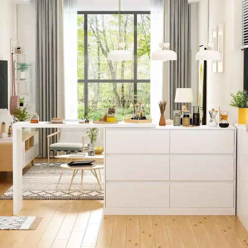 Desserte de buffet intelligente rotative/extensible avec 6 tiroirs, plan de travail étendu, tapis antidérapant – Sanzelize Design