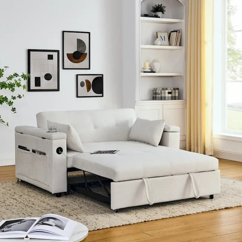 Canapé-lit gigogne 137 cm, canapé-lit inclinable 2 places avec rangement, oreiller lombaire, prise USB – Sanzelize Design