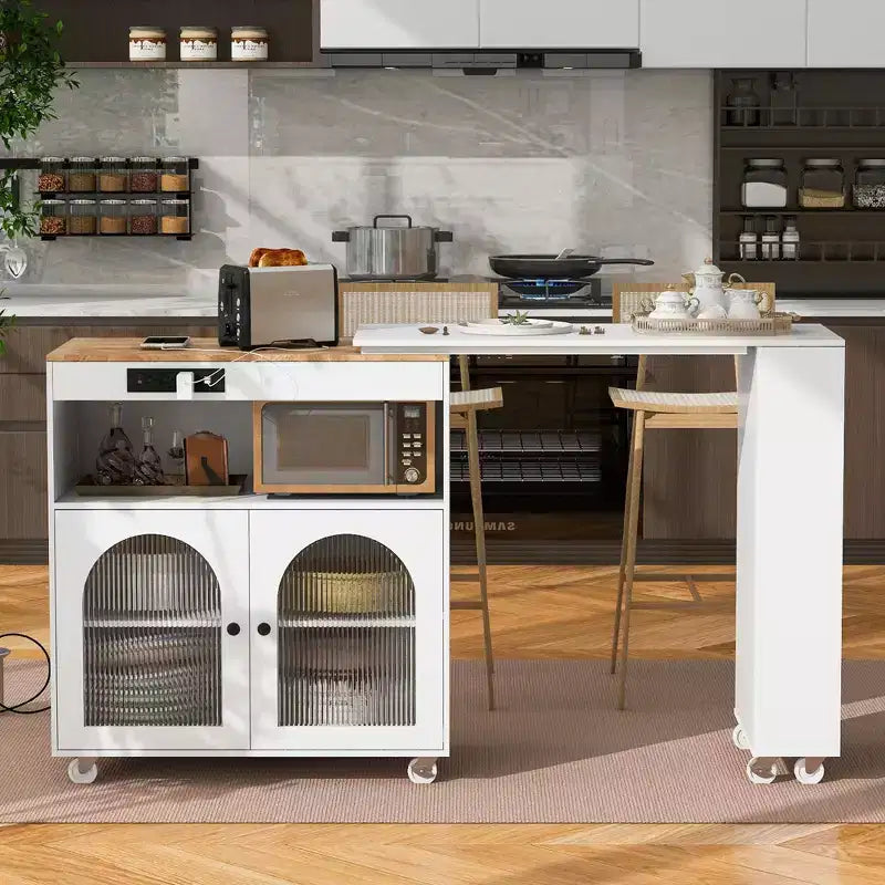 Îlot de cuisine roulant avec 2 portes en verre, Desserte de cuisine avec table extensible et prises de courant – Sanzelize Design