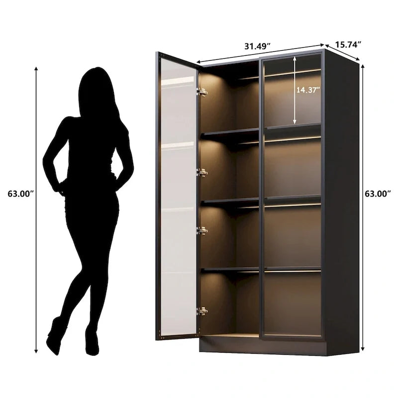 Vitrine de rangement, vitrine avec portes en verre trempé, vitrine avec 4 étagères de rangement – Sanzelize Design