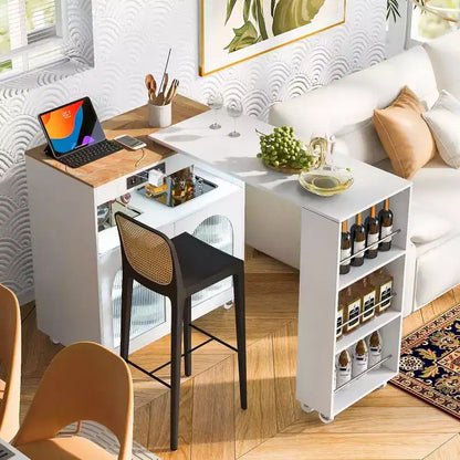 Îlot de cuisine roulant avec 2 portes en verre, Desserte de cuisine avec table extensible et prises de courant – Sanzelize Design