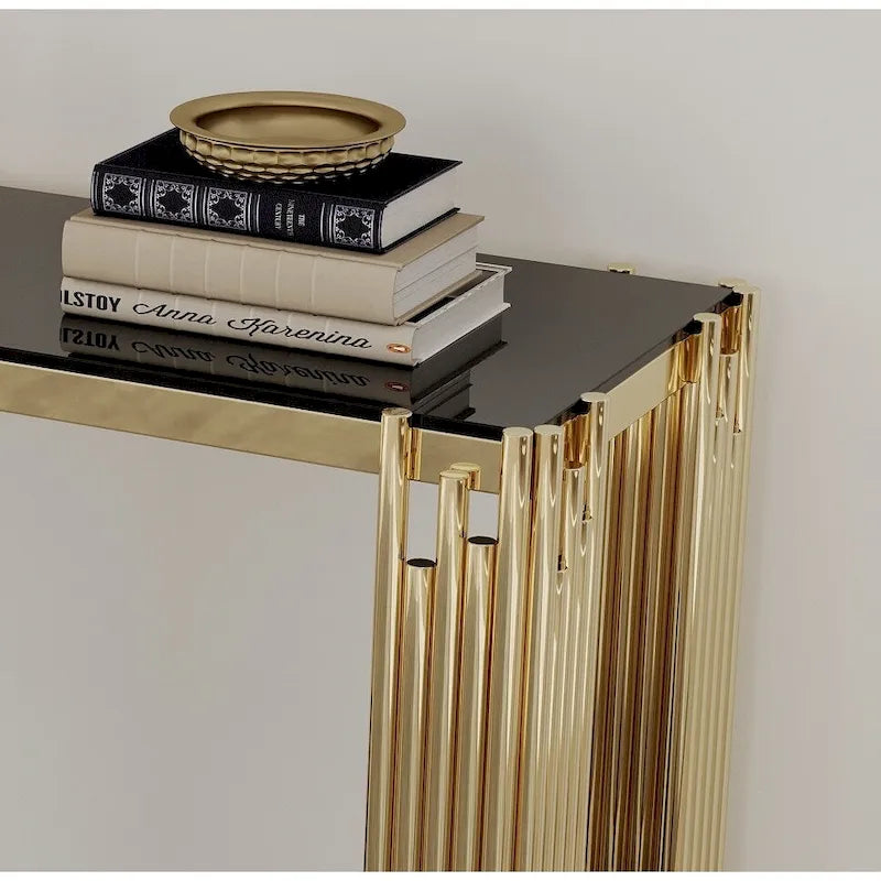 Console étroite à 2 niveaux avec structure en métal doré et plateau en verre trempé – Sanzelize Design