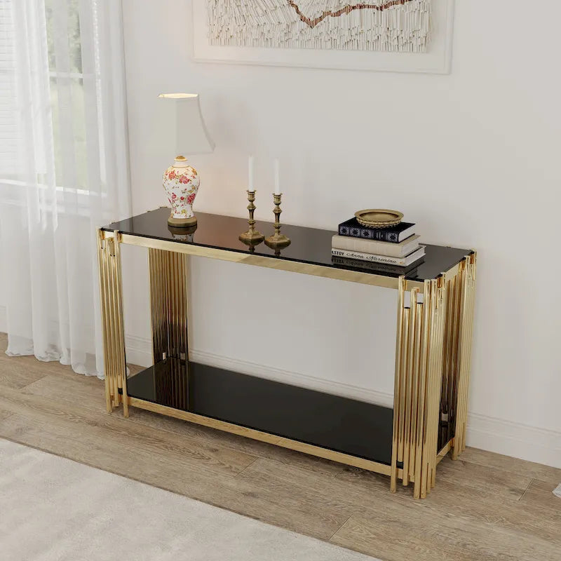 Console étroite à 2 niveaux avec structure en métal doré et plateau en verre trempé – Sanzelize Design