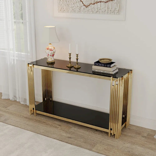 Console étroite à 2 niveaux avec structure en métal doré et plateau en verre trempé – Sanzelize Design