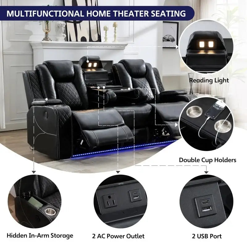 Canapé inclinable électrique avec chargeur sans fil, liseuse pour salon, lumière LED en similicuir, port AC/USB – Sanzelize Design