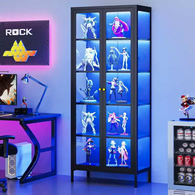 Vitrine 170 cm en Verre à 3 Côtés avec Lumières LED, Rangement à 5 Niveaux avec Double Porte et Cadre Métallique pour – Sanzelize Design