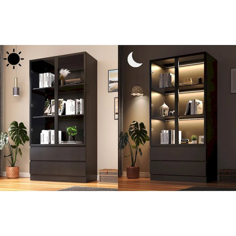Vitrine de rangement, vitrine avec portes en verre trempé, vitrine avec 4 étagères de rangement – Sanzelize Design