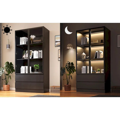 Vitrine de rangement, vitrine avec portes en verre trempé, vitrine avec 4 étagères de rangement – Sanzelize Design