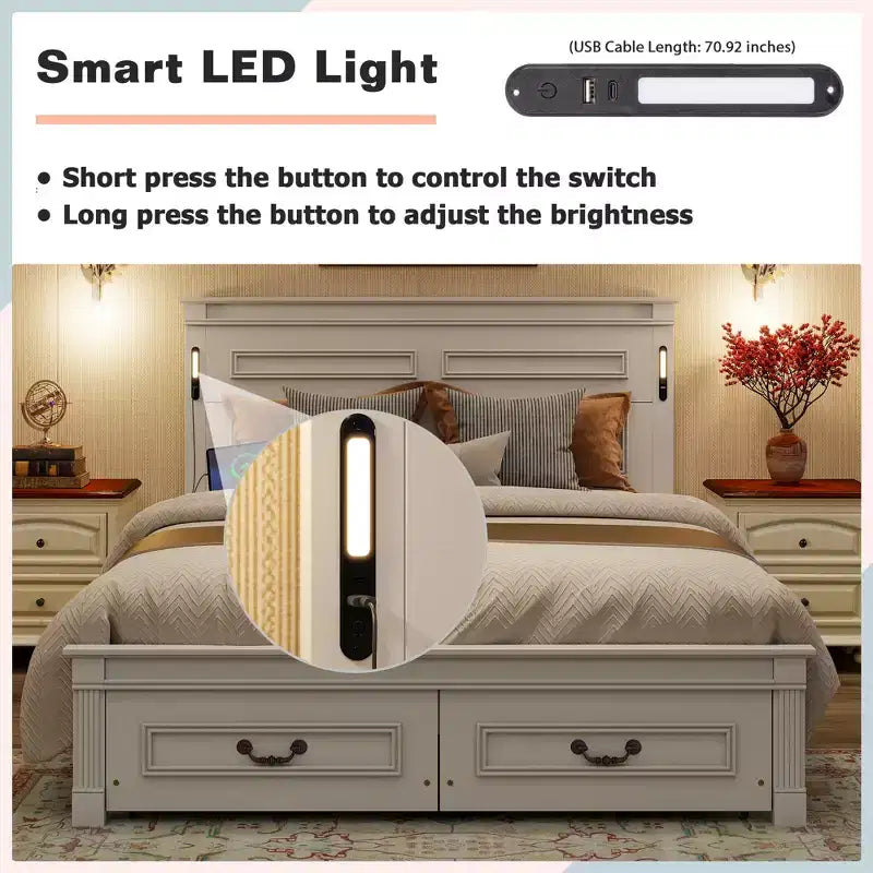 Lit plateforme 152 x 203 cm / 193 x 203 cm avec tête de lit haute, cadre de lit rustique en bois avec 2 tiroirs – Sanzelize Design