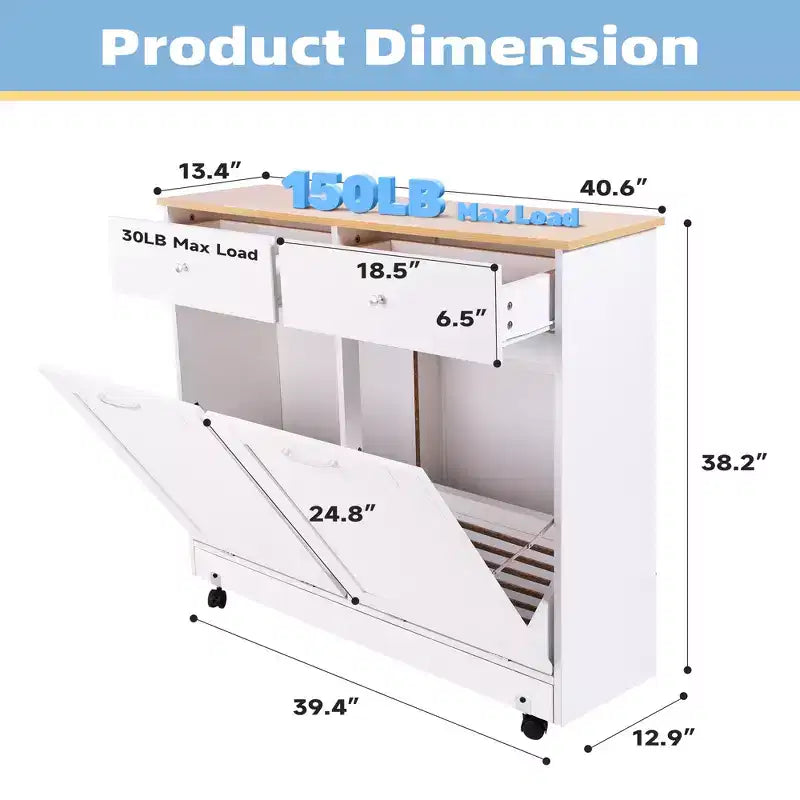 Meuble de cuisine à double inclinaison avec 2 tiroirs, meuble poubelle avec rangement sur roulettes, blanc – Sanzelize Design
