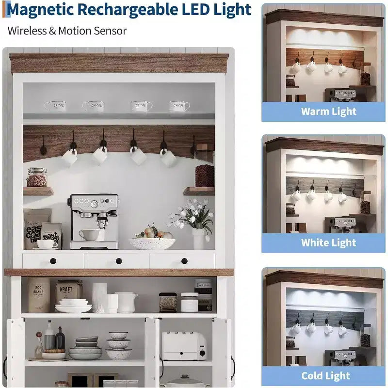 Meuble de bar à café de style ferme de 183 cm de haut avec lumières LED, buffet de cuisine avec portes et tiroir – Sanzelize Design