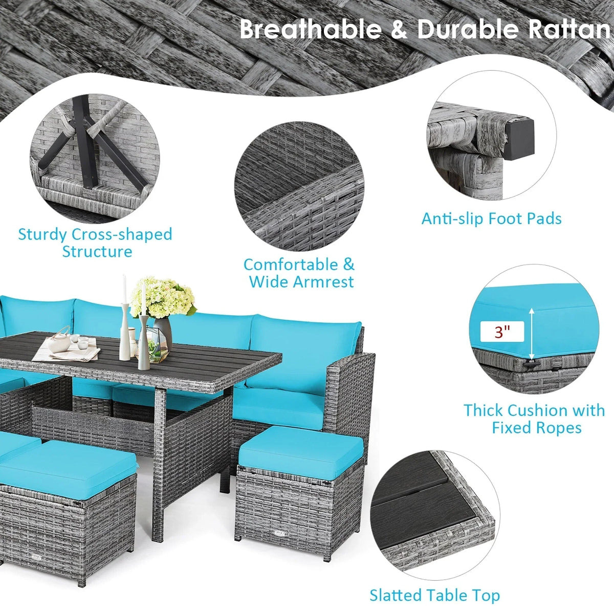 Ensemble de salle à manger 7 pièces en rotin pour terrasse, canapé sectionnel et pouf - Voir détails – Sanzelize Design