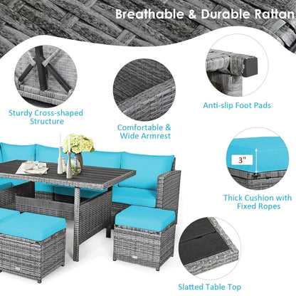 Ensemble de salle à manger 7 pièces en rotin pour terrasse, canapé sectionnel et pouf - Voir détails – Sanzelize Design