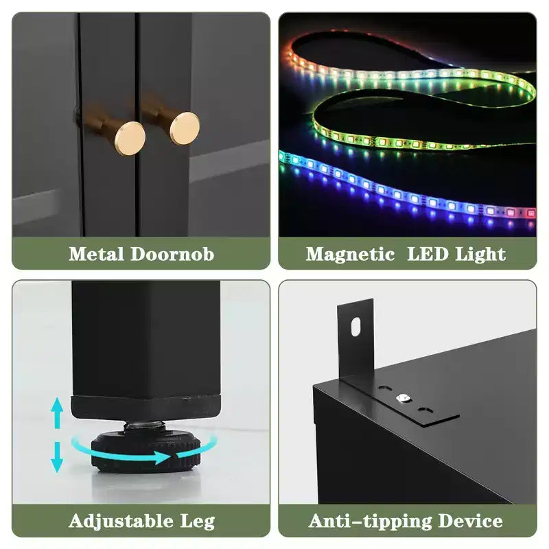 Vitrine 170 cm en Verre à 3 Côtés avec Lumières LED, Rangement à 5 Niveaux avec Double Porte et Cadre Métallique pour – Sanzelize Design