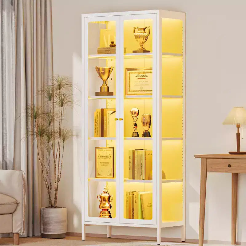 Vitrine 170 cm en Verre à 3 Côtés avec Lumières LED, Rangement à 5 Niveaux avec Double Porte et Cadre Métallique pour – Sanzelize Design