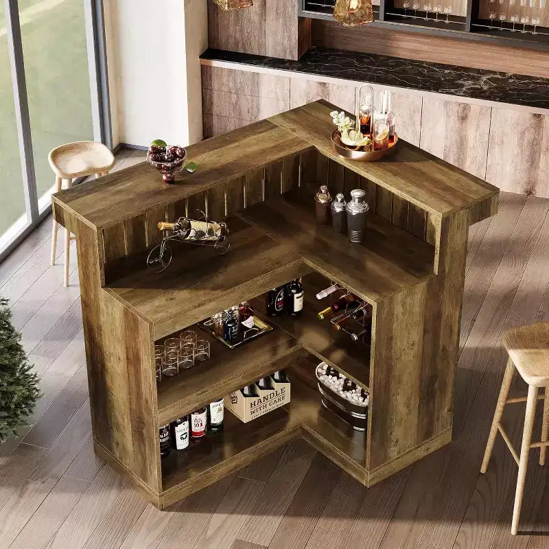 Bar de salon en L, bar à liqueurs d'angle à 4 niveaux avec étagères de rangement et porte-verres à vin pour pub à – Sanzelize Design