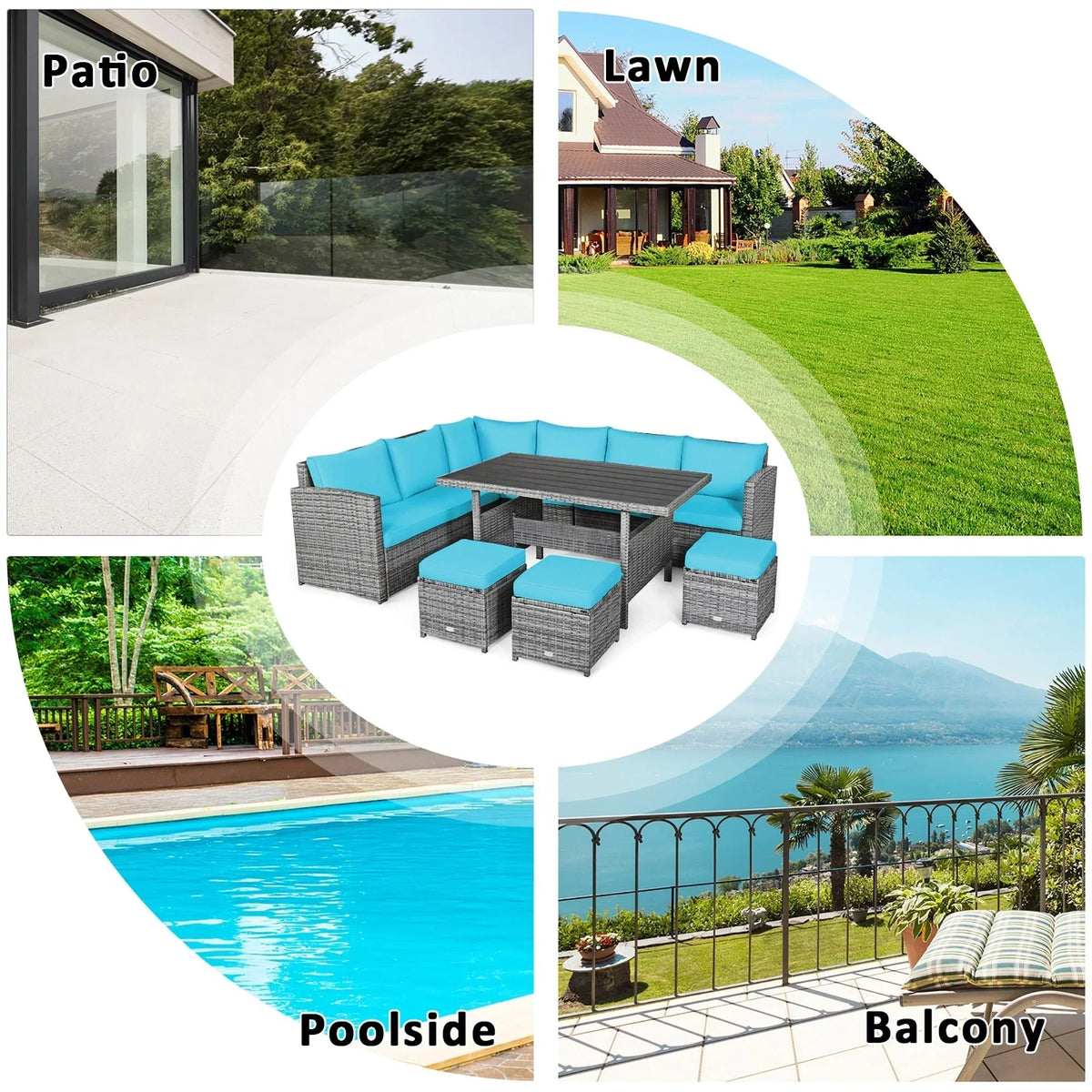 Ensemble de salle à manger 7 pièces en rotin pour terrasse, canapé sectionnel et pouf - Voir détails – Sanzelize Design