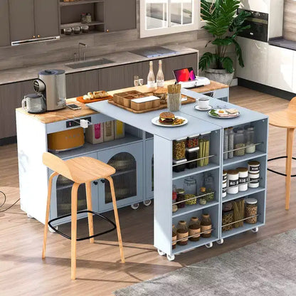 Îlot de cuisine roulant avec 2 portes en verre, Desserte de cuisine avec table extensible et prises de courant – Sanzelize Design