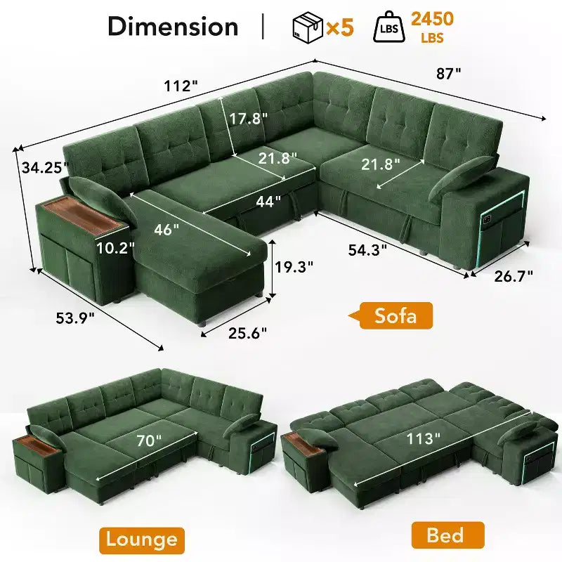 Canapé modulaire 284 cm convertible avec lit gigogne, canapé d'angle en U avec rangement – Sanzelize Design