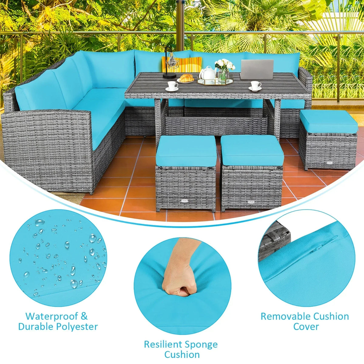 Ensemble de salle à manger 7 pièces en rotin pour terrasse, canapé sectionnel et pouf - Voir détails – Sanzelize Design