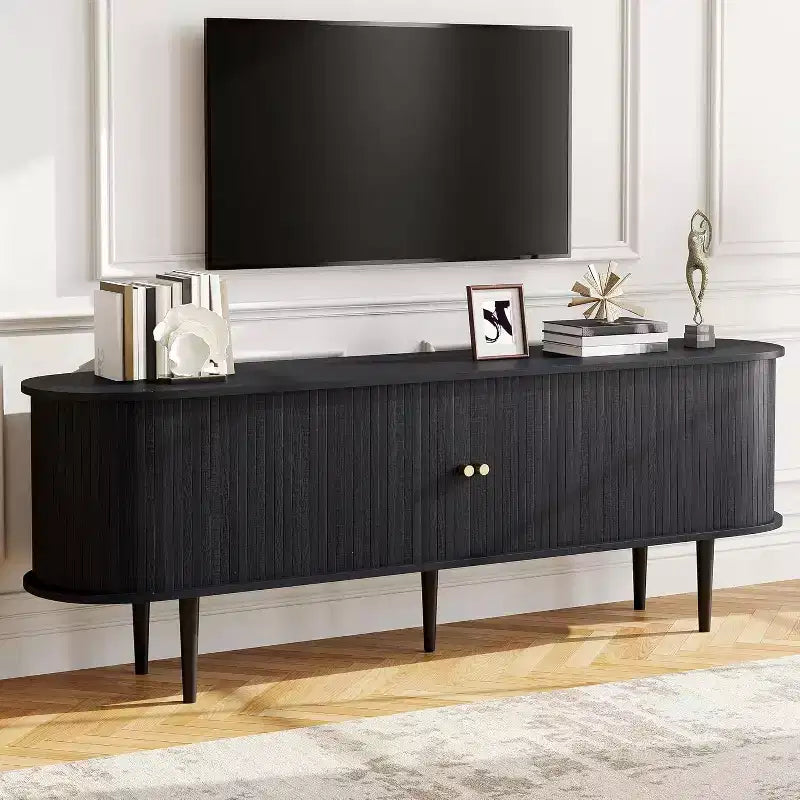 Meuble TV 178 cm avec pieds en bois massif, console TV de style moderne du milieu du siècle avec porte à tambour – Sanzelize Design