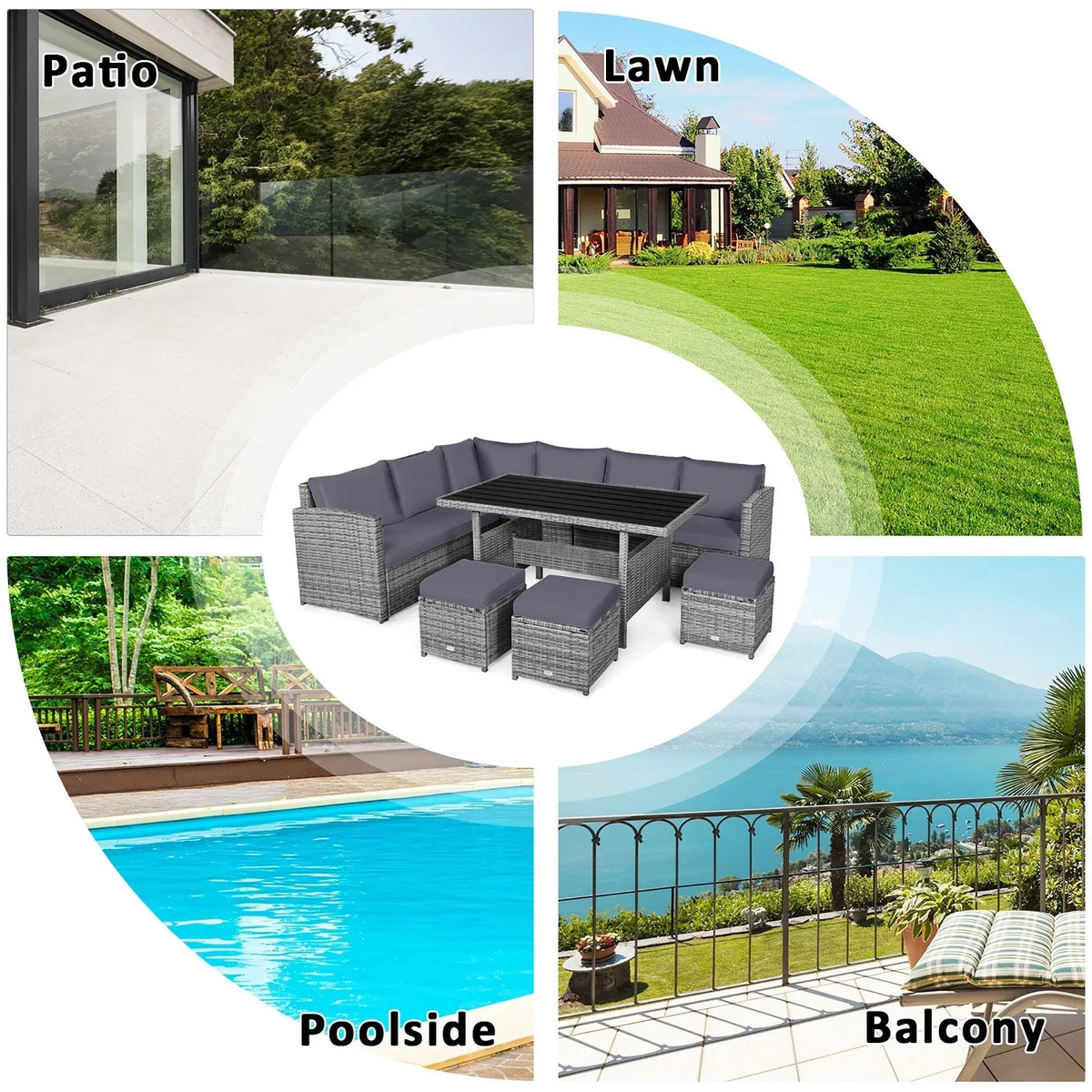 Ensemble de salle à manger 7 pièces en rotin pour terrasse, canapé sectionnel et pouf - Voir détails – Sanzelize Design