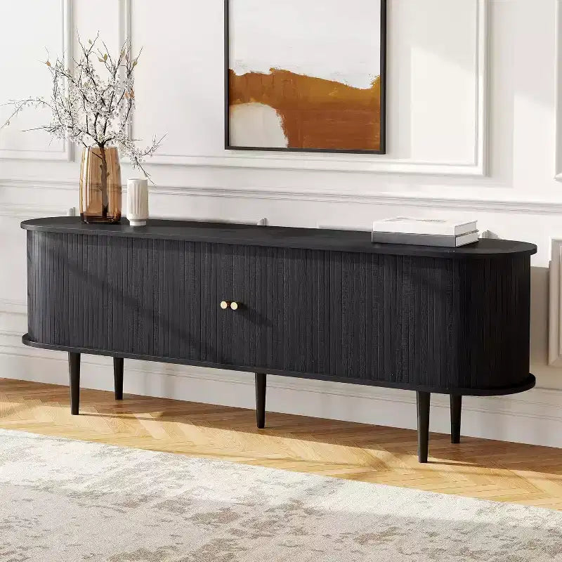 Meuble TV 178 cm avec pieds en bois massif, console TV de style moderne du milieu du siècle avec porte à tambour – Sanzelize Design