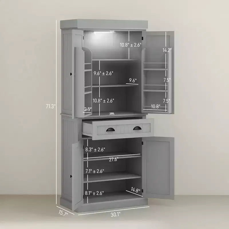 Garde-manger de cuisine de 180 cm avec lumières DEL, 6 tablettes de porte, un tiroir et 4 tablettes réglables – Sanzelize Design