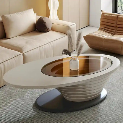 Table Basse Ovale en Verre Moderne Minimaliste Luxe Léger avec Base Grise 130 cm - L 130 cm x l 65 cm x H 36,5 cm – Sanzelize Design
