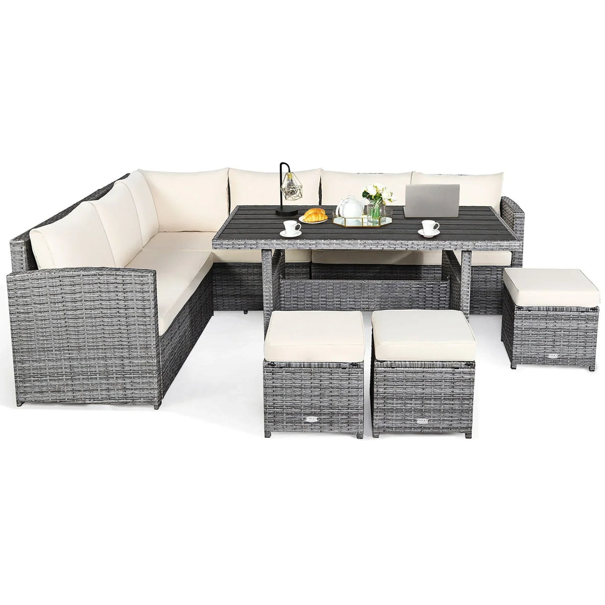 Ensemble de salle à manger 7 pièces en rotin pour terrasse, canapé sectionnel et pouf - Voir détails – Sanzelize Design
