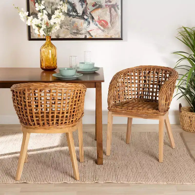 Mario Ensemble de 2 chaises de salle à manger modernes de style bohème en teck et rotin, finition marron naturel – Sanzelize Design