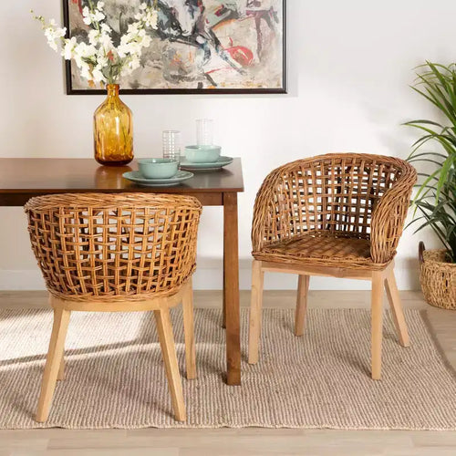 Mario Ensemble de 2 chaises de salle à manger modernes de style bohème en teck et rotin, finition marron naturel – Sanzelize Design