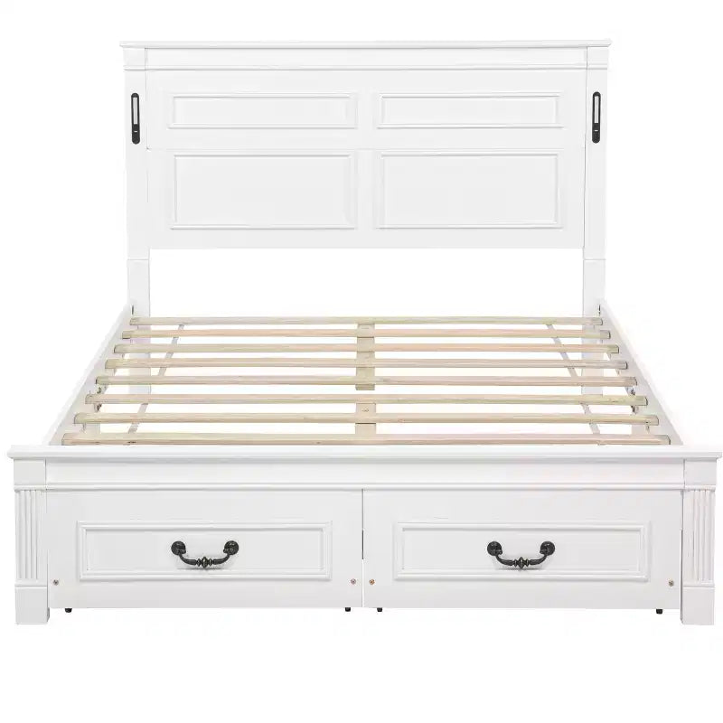 Lit plateforme 152 x 203 cm / 193 x 203 cm avec tête de lit haute, cadre de lit rustique en bois avec 2 tiroirs – Sanzelize Design