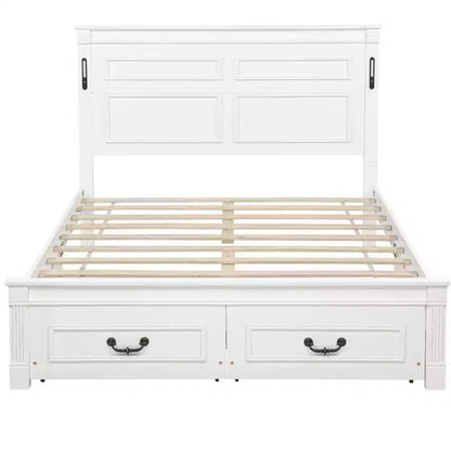 Lit plateforme 152 x 203 cm / 193 x 203 cm avec tête de lit haute, cadre de lit rustique en bois avec 2 tiroirs – Sanzelize Design
