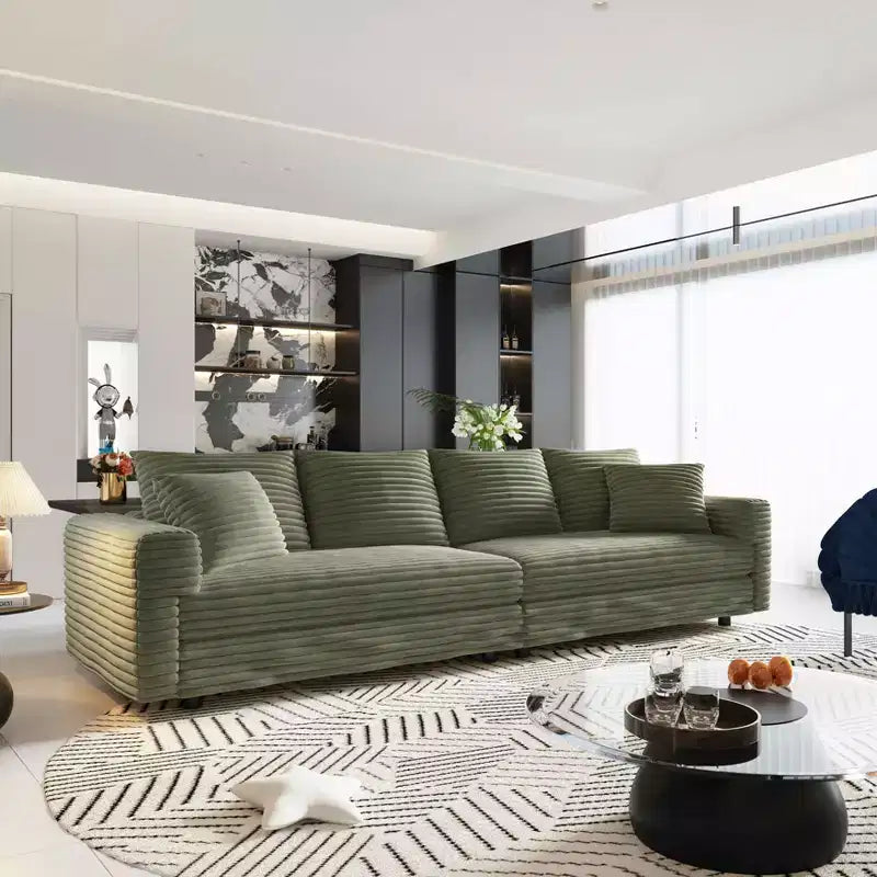 Canapé 260 cm convertible 4 places en velours côtelé avec poufs – Vert – Sanzelize Design