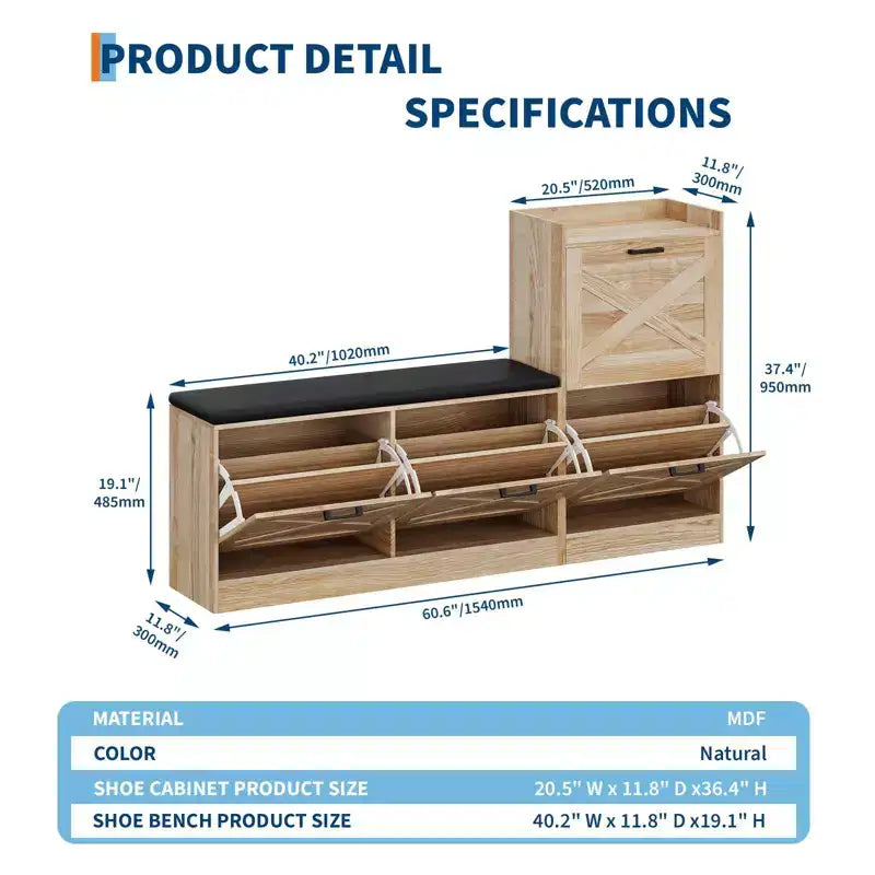 Meuble à chaussures de ferme, Banc d'entrée en bois avec 4 tiroirs basculants – Sanzelize Design
