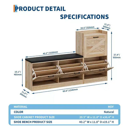Meuble à chaussures de ferme, Banc d'entrée en bois avec 4 tiroirs basculants – Sanzelize Design