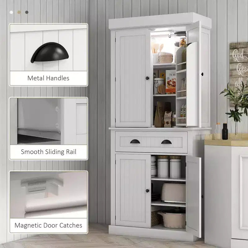 Garde-manger de cuisine de 180 cm avec lumières DEL, 6 tablettes de porte, un tiroir et 4 tablettes réglables – Sanzelize Design