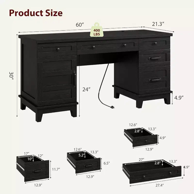 Bureau de direction de 152 cm avec tiroirs, bureau d'ordinateur avec station de charge – Sanzelize Design