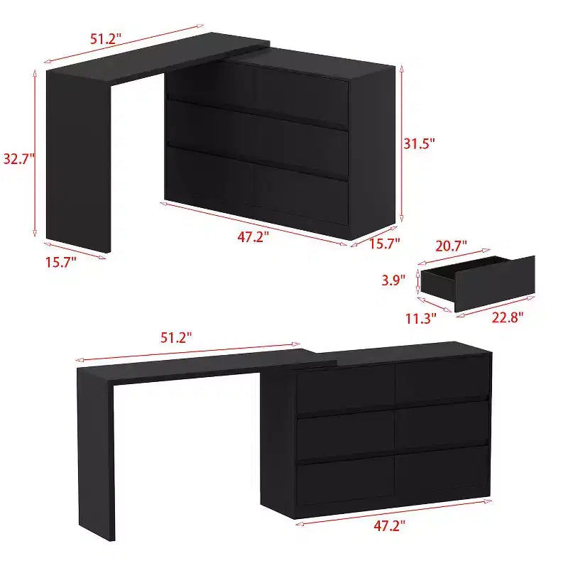 Desserte de buffet intelligente rotative/extensible avec 6 tiroirs, plan de travail étendu, tapis antidérapant – Sanzelize Design